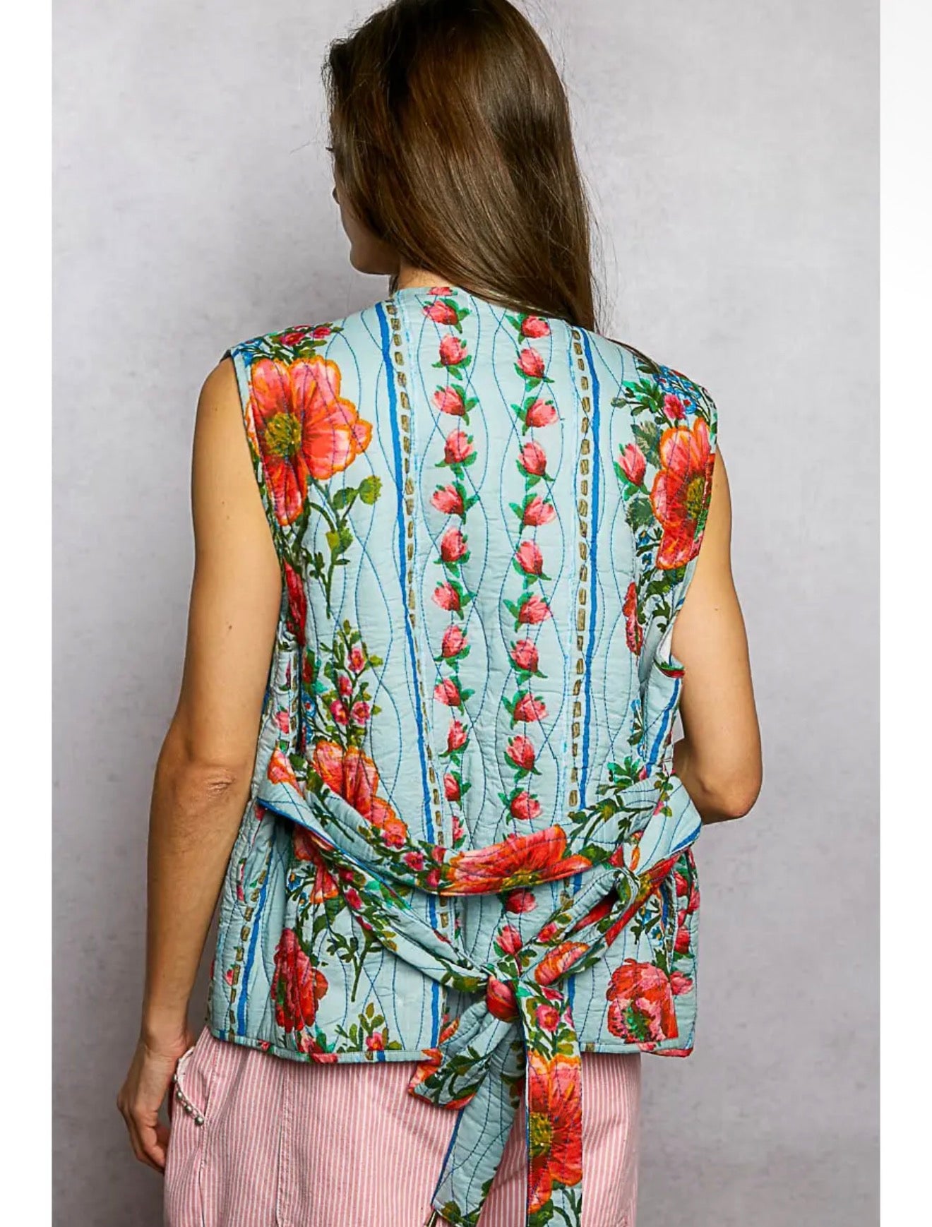 Floral Embroidery Bead Quilted Vest with Waist Belt