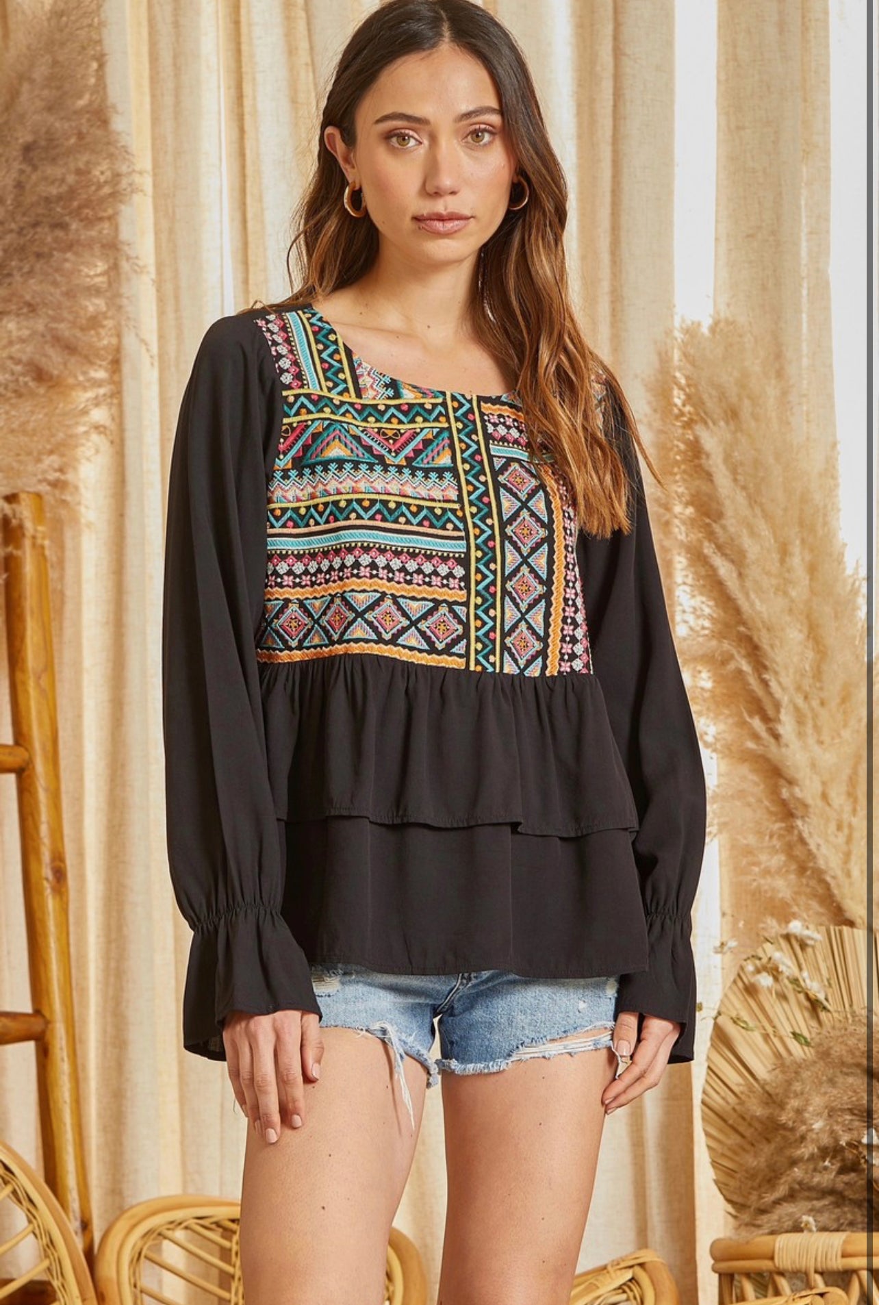 Tiered Ruffle Top with Embroidery