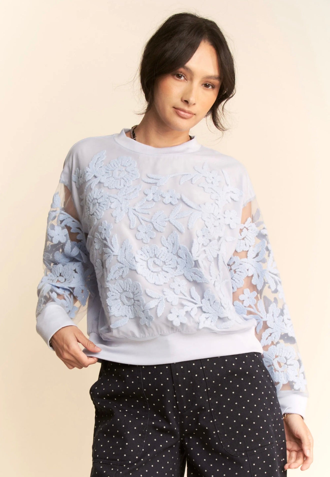 Sheer Sleeve Floral Embroidered Sweatshirt￼