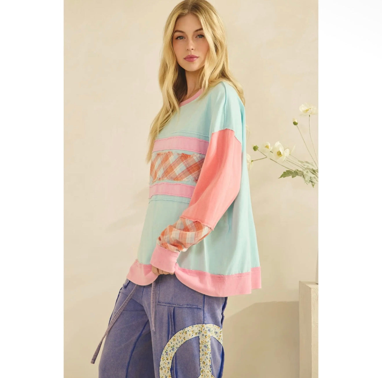Colorblock Plaid Patchwork Pullover￼