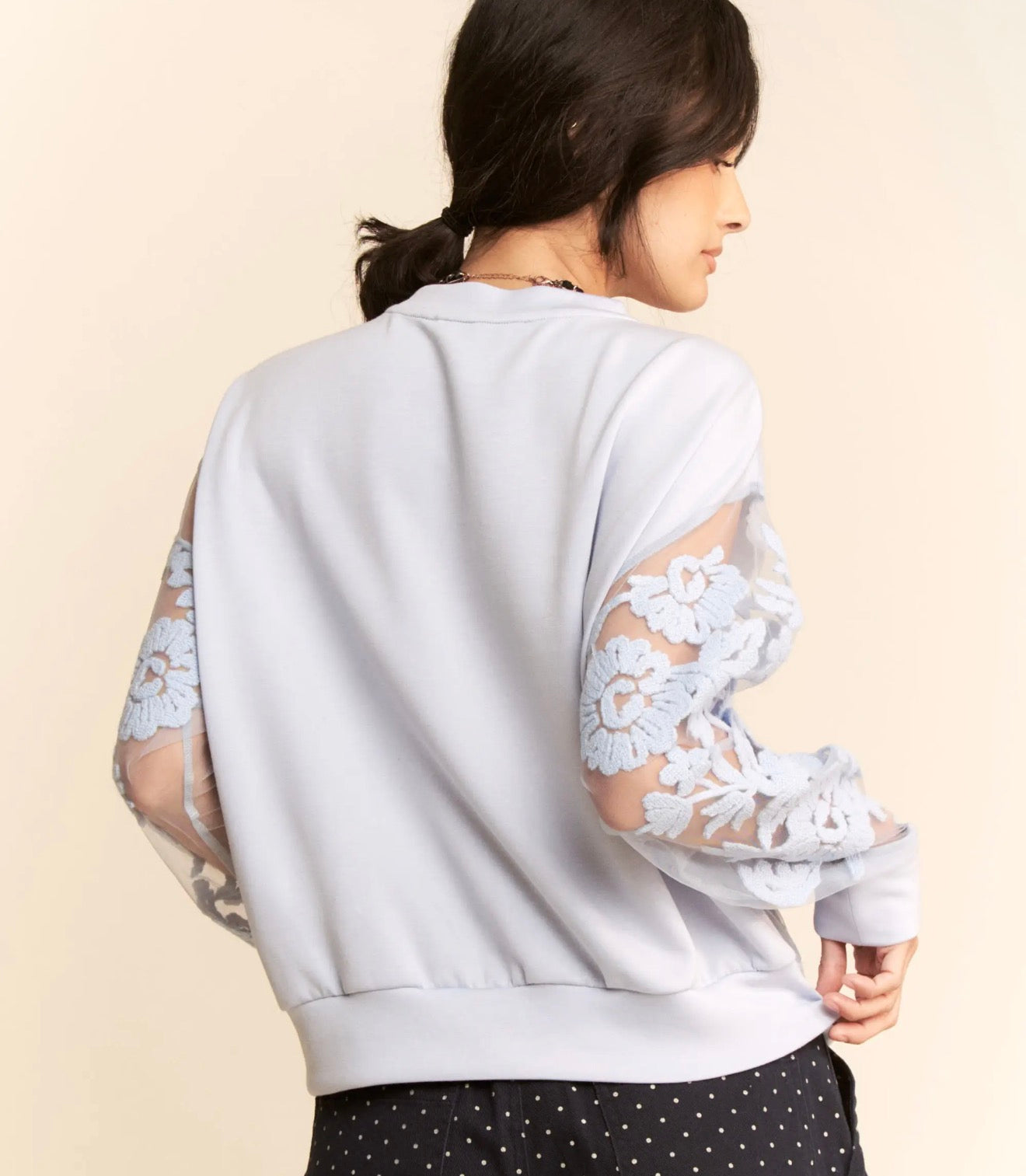 Sheer Sleeve Floral Embroidered Sweatshirt￼