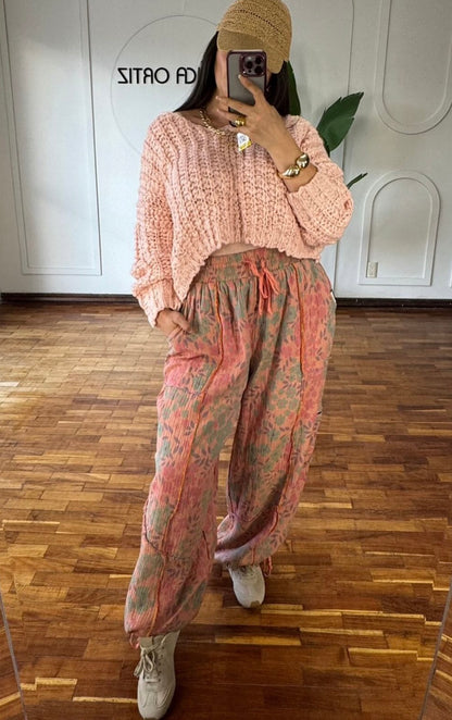Floral Orange Elastic Harem Pant