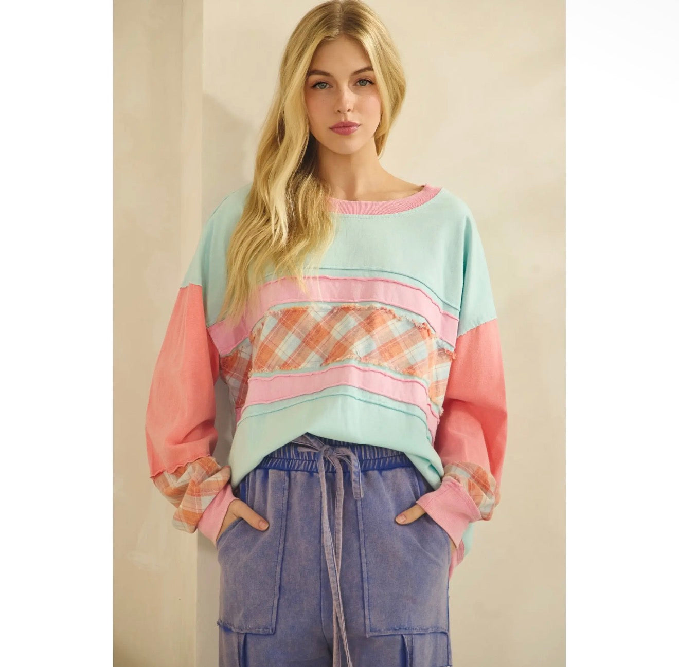 Colorblock Plaid Patchwork Pullover￼