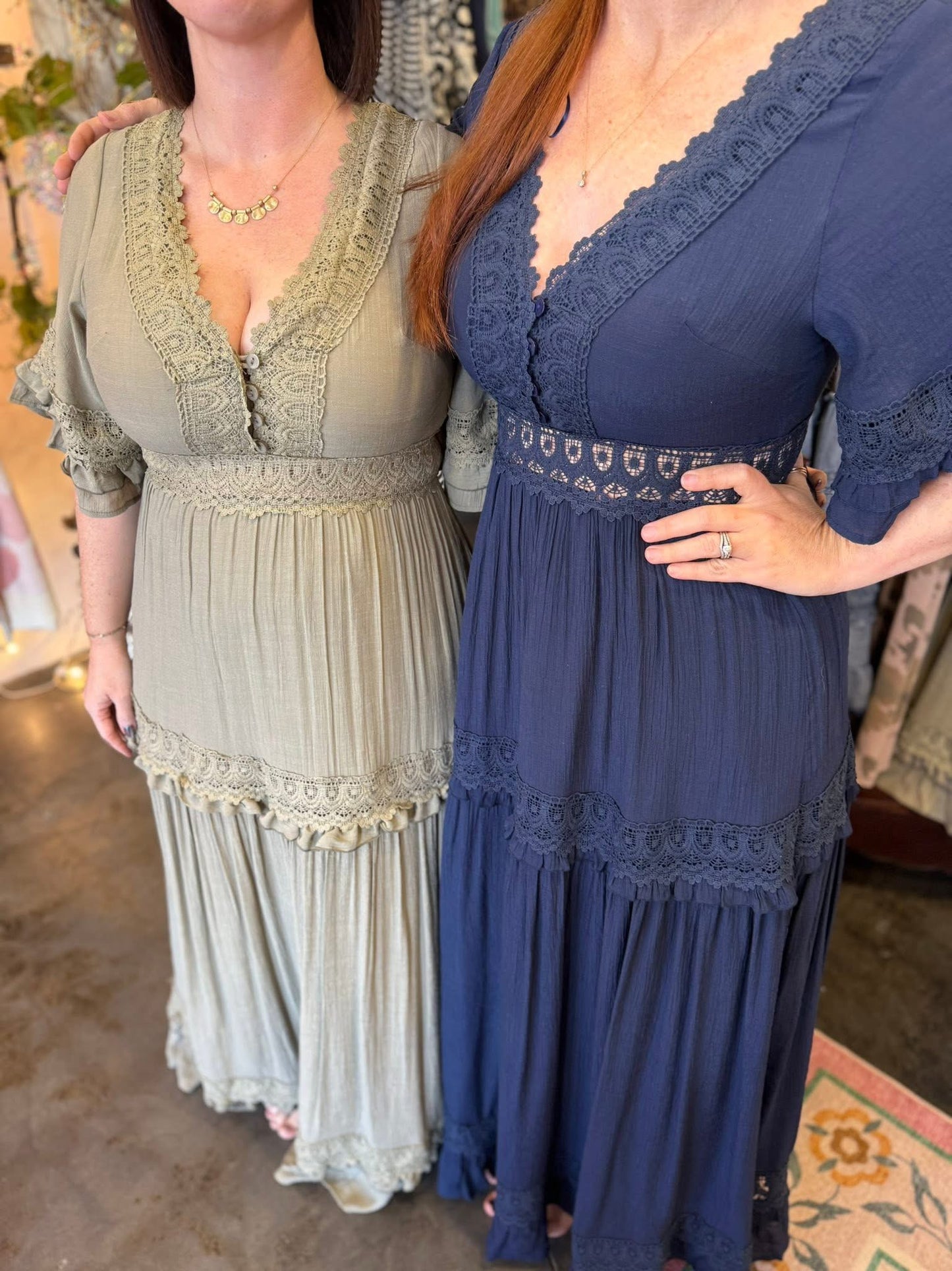 V-NECK LACE TRIM MAXI DRESS (3 Colors)