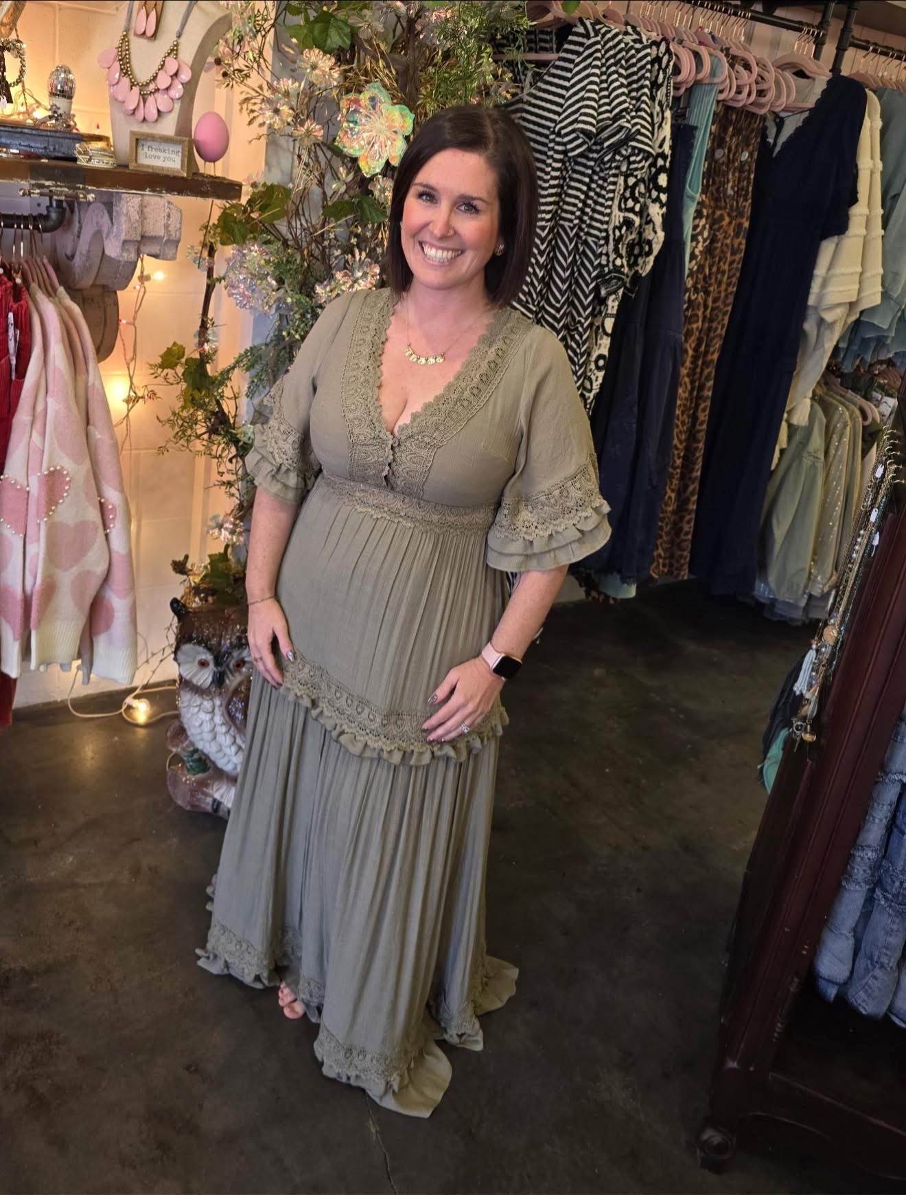 V-NECK LACE TRIM MAXI DRESS (3 Colors)