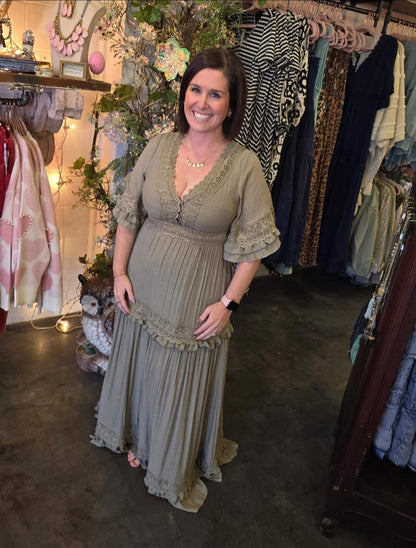 V-NECK LACE TRIM MAXI DRESS (3 Colors)