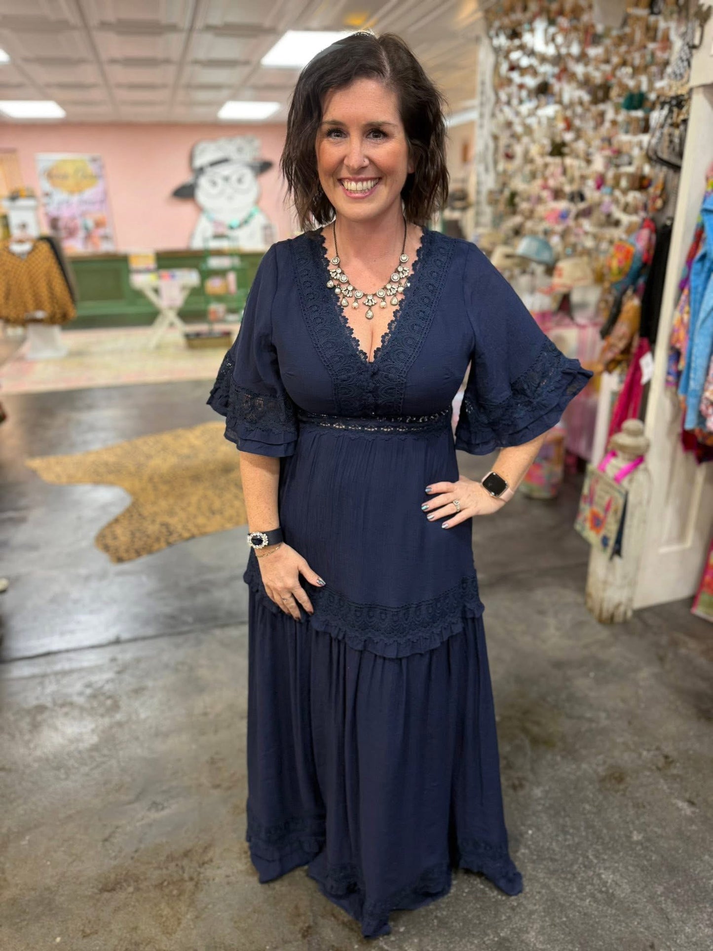 V-NECK LACE TRIM MAXI DRESS (3 Colors)