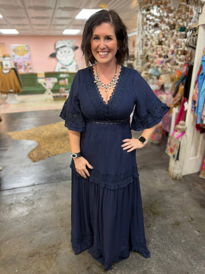 V-NECK LACE TRIM MAXI DRESS (3 Colors)