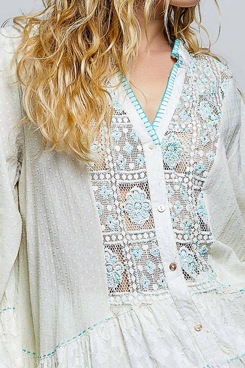 Flowy Beaded Top With Bell Sleeve
