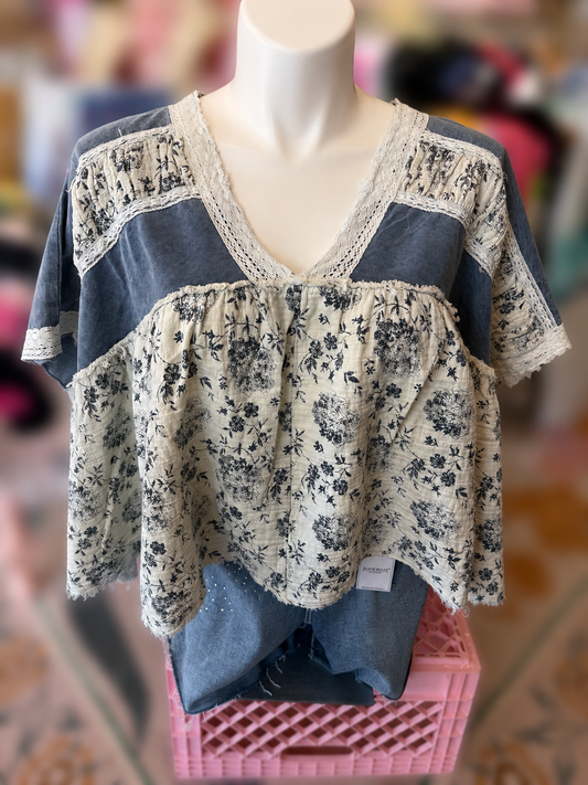 Vintage Hydrangea Denim Top