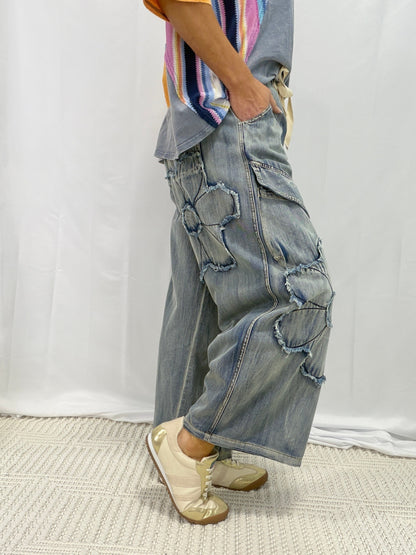 Flower Cargo Pants in Light Denim