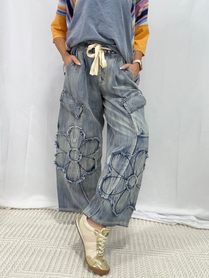Flower Cargo Pants in Light Denim