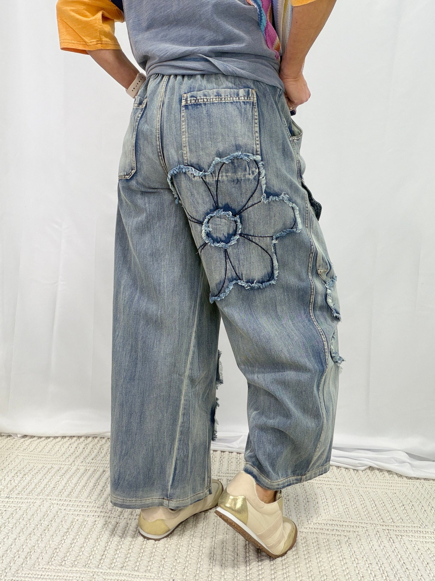 Flower Cargo Pants in Light Denim