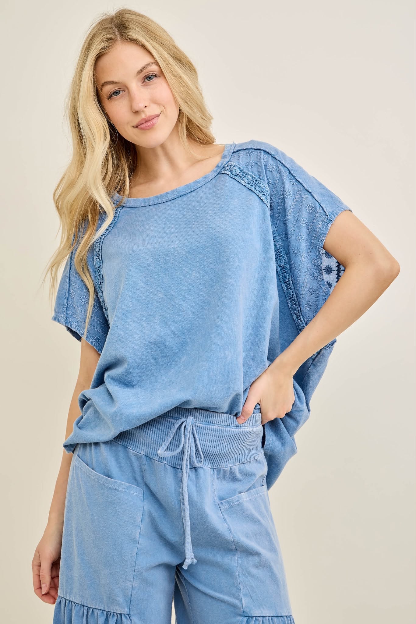 Blue Floral Crochet & Embroidery Top