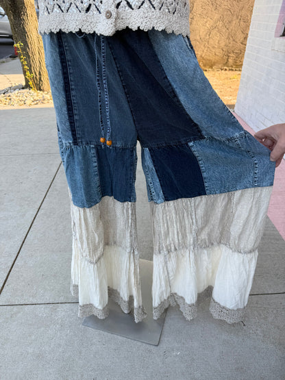 Boho Inspired Long Denim Pants with Solid Patches