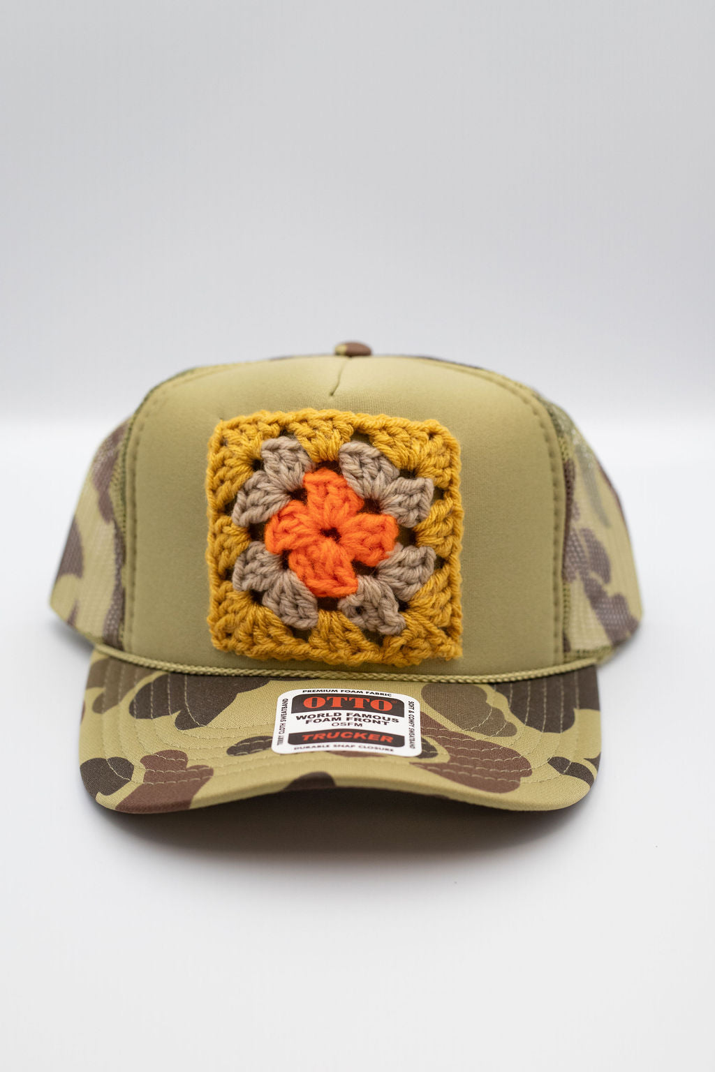 Camo Granny Square Trucker Hat
