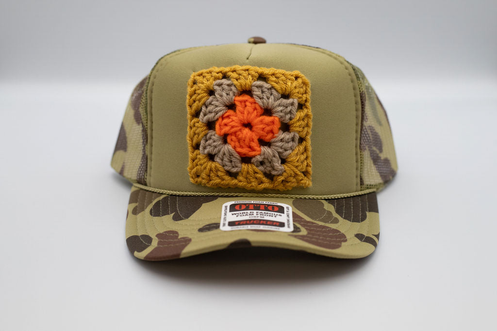 Camo Granny Square Trucker Hat
