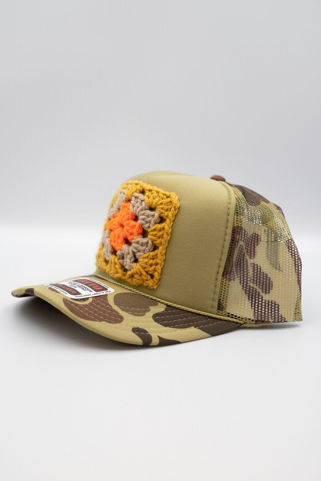 Camo Granny Square Trucker Hat