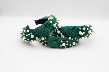 Velvet Green Headband with Pearls