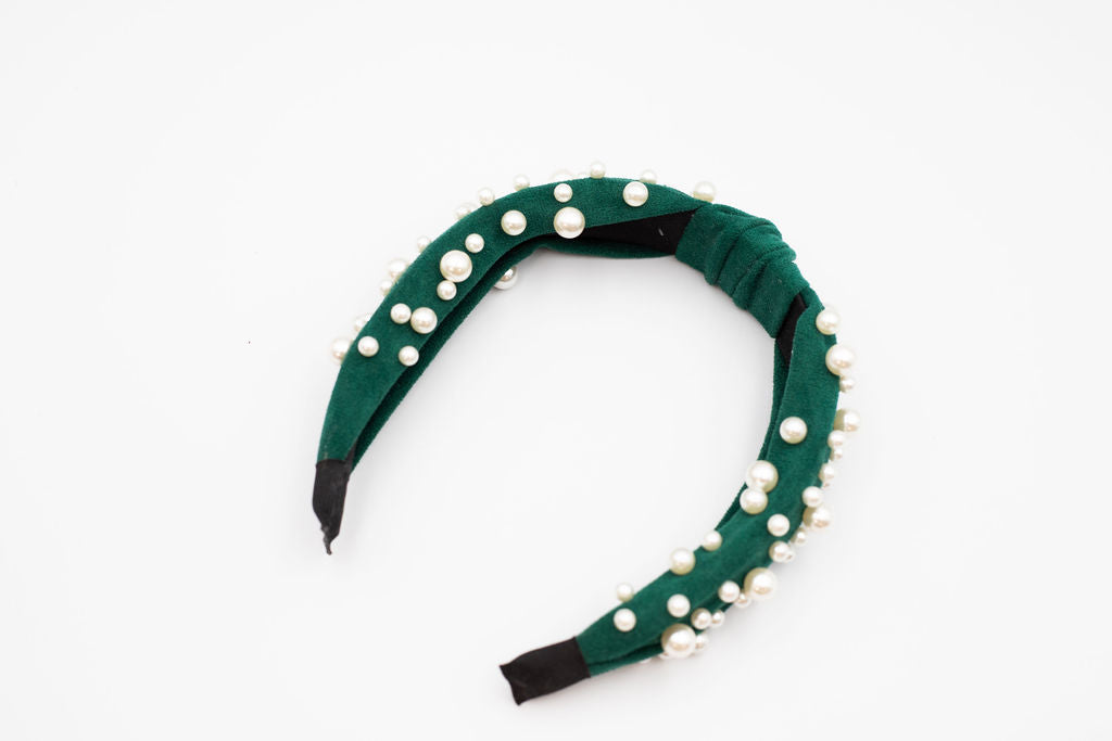 Velvet Green Headband with Pearls