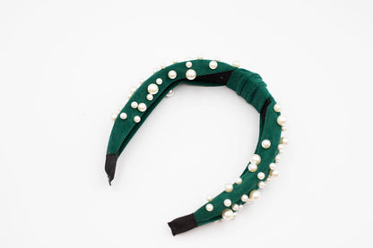 Velvet Green Headband with Pearls