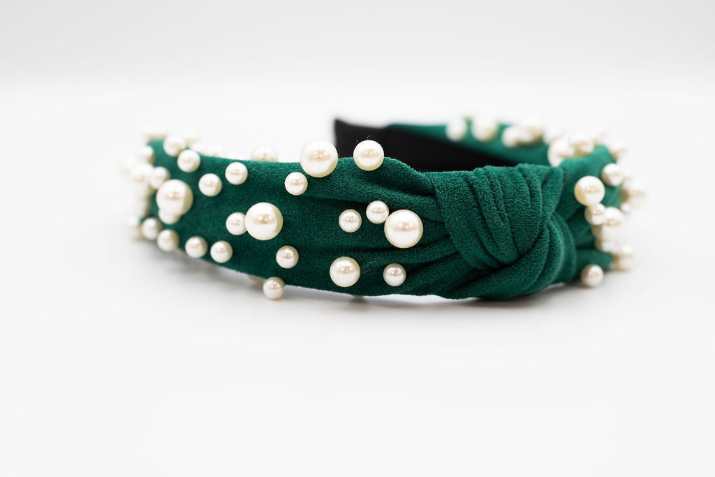 Velvet Green Headband with Pearls