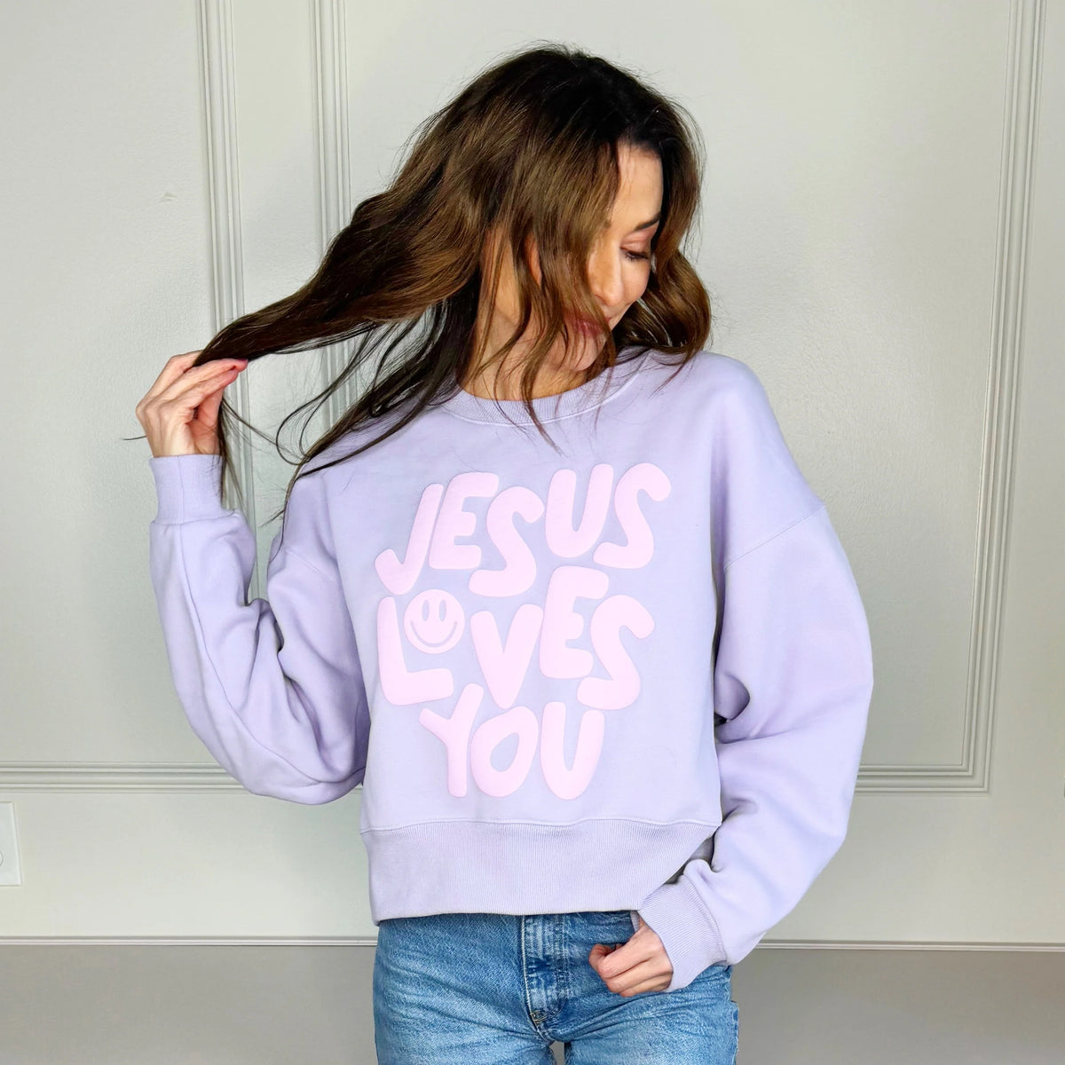 Jesus Loves You Puff Sweatshirt Lavender