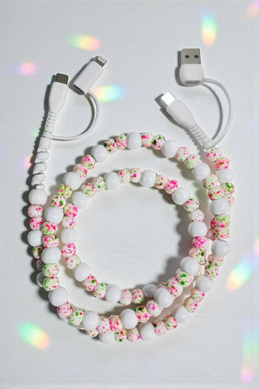 White Confetti Beaded Charging Cord with Lightning & USB-C Cable