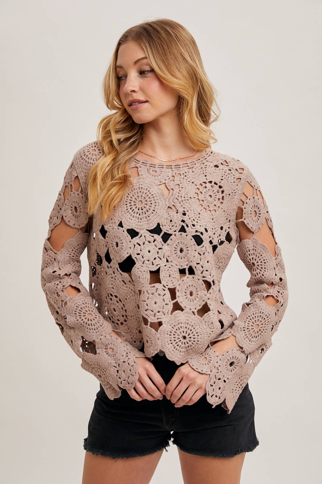 BELL SLEEVED SHEER CROCHET TOP