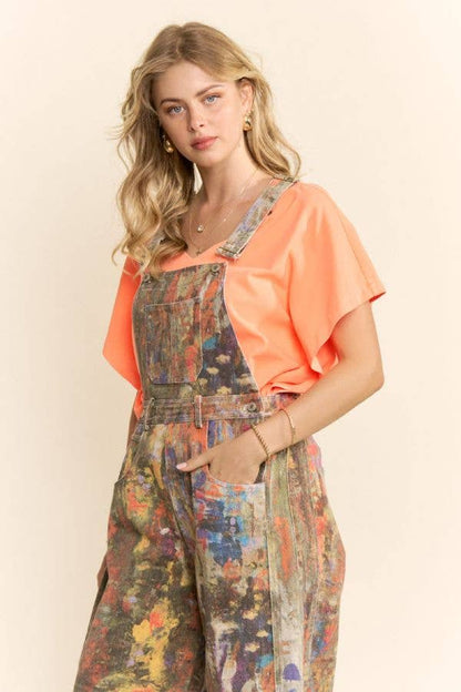 Printed Denim Barrel Pants Overall Jumpsuit