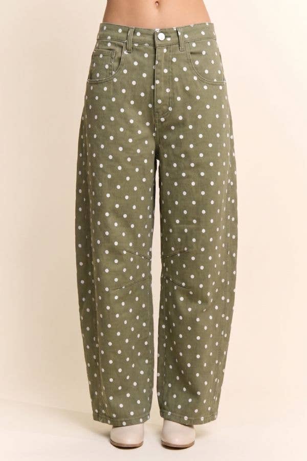 High-Waist Olive Polka Dot Barrel Pants