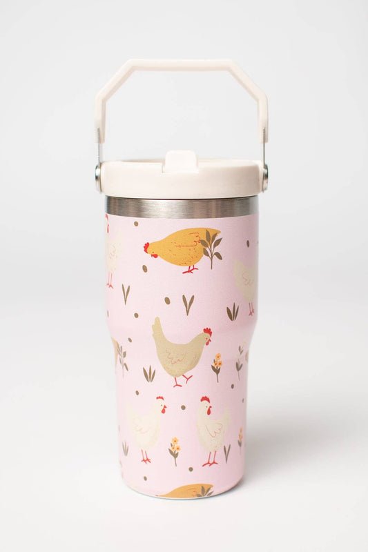 Pink Cottage Chicken 20oz Kids Bucket Handle Tumbler