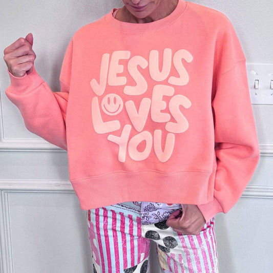 Smiley Jesus Loves You Crop Sweatshirt