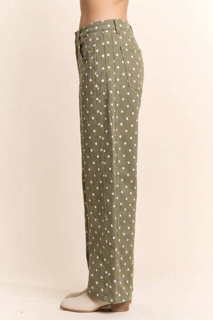 High-Waist Olive Polka Dot Barrel Pants