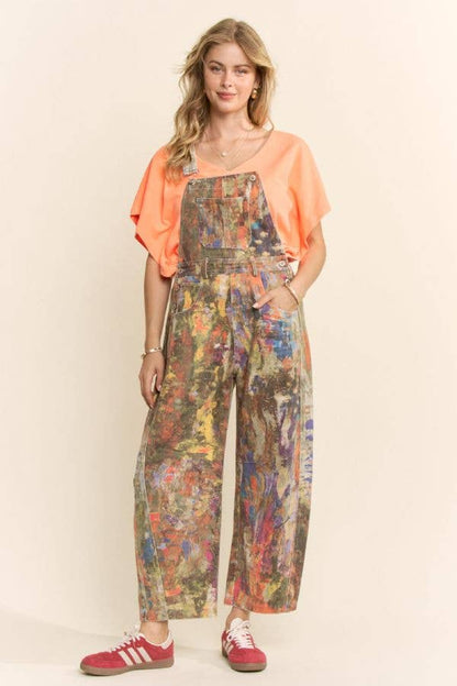 Printed Denim Barrel Pants Overall Jumpsuit