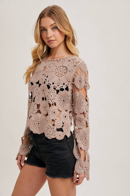 BELL SLEEVED SHEER CROCHET TOP