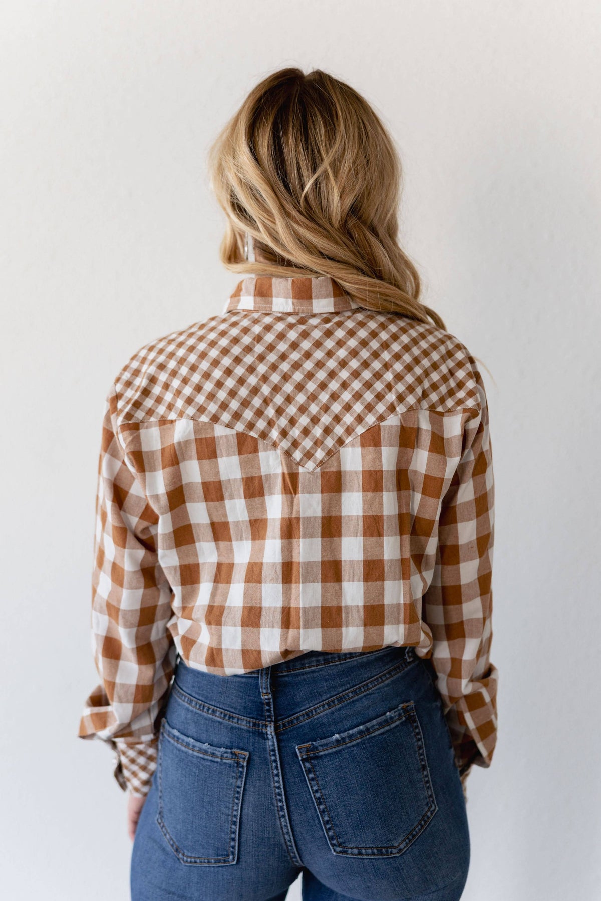 Tan Gingham Pearl Snap Top