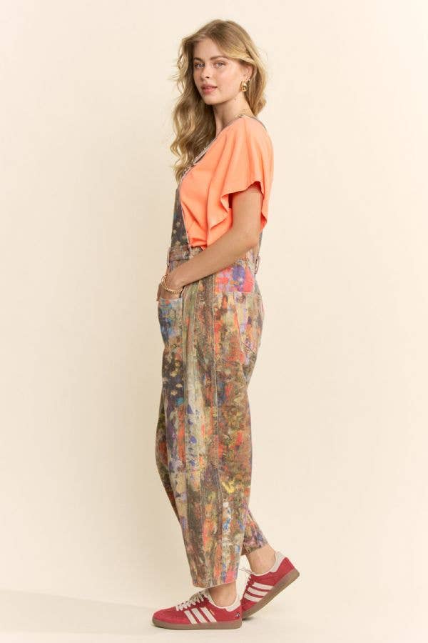 Printed Denim Barrel Pants Overall Jumpsuit