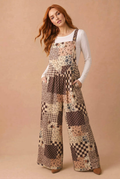 Fall Floral Patchwork Wide Leg Overalls