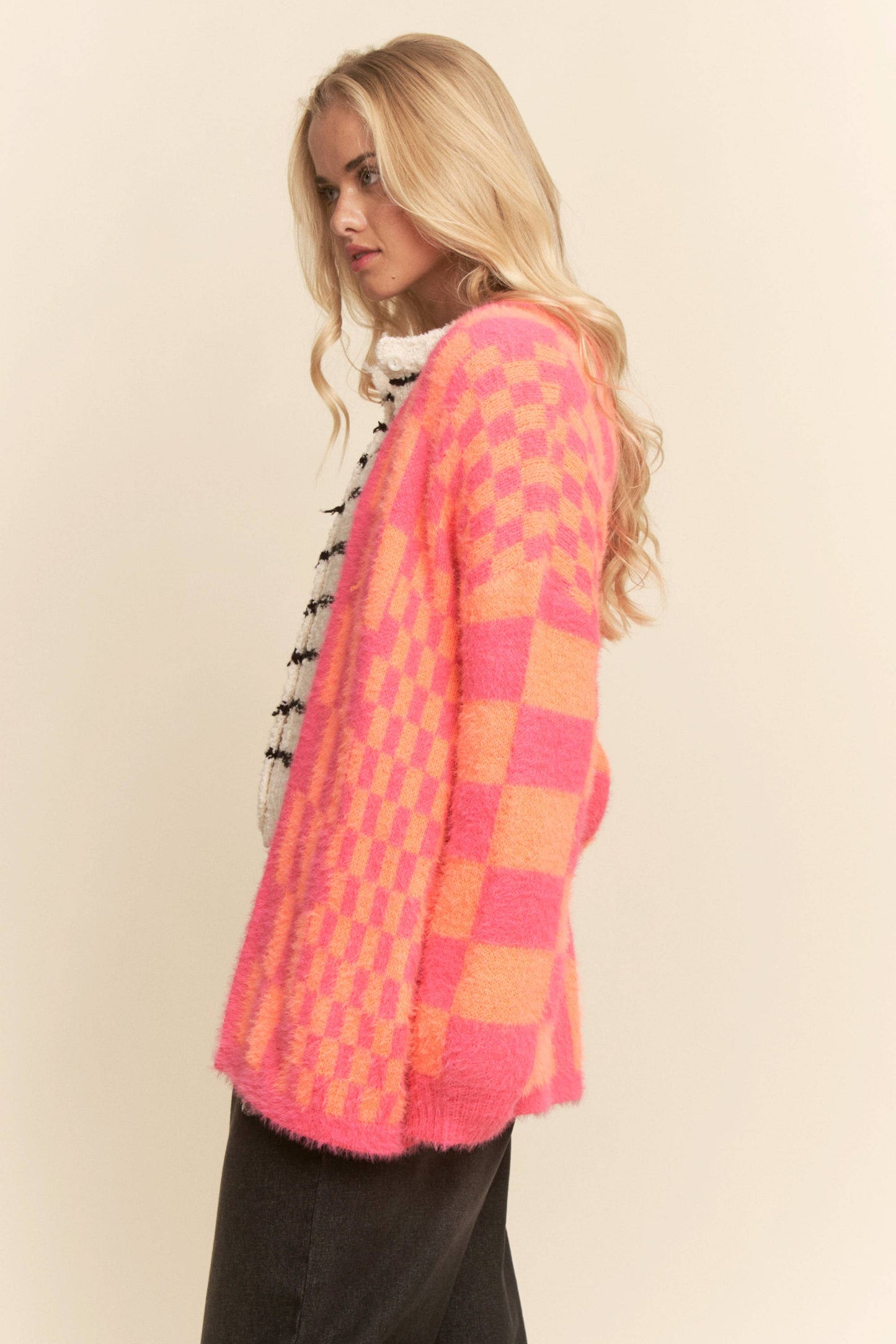 Neon Checkered Fuzzy Cardigan