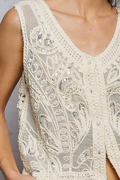 Pearl Stud Embroidery Sequin Vest