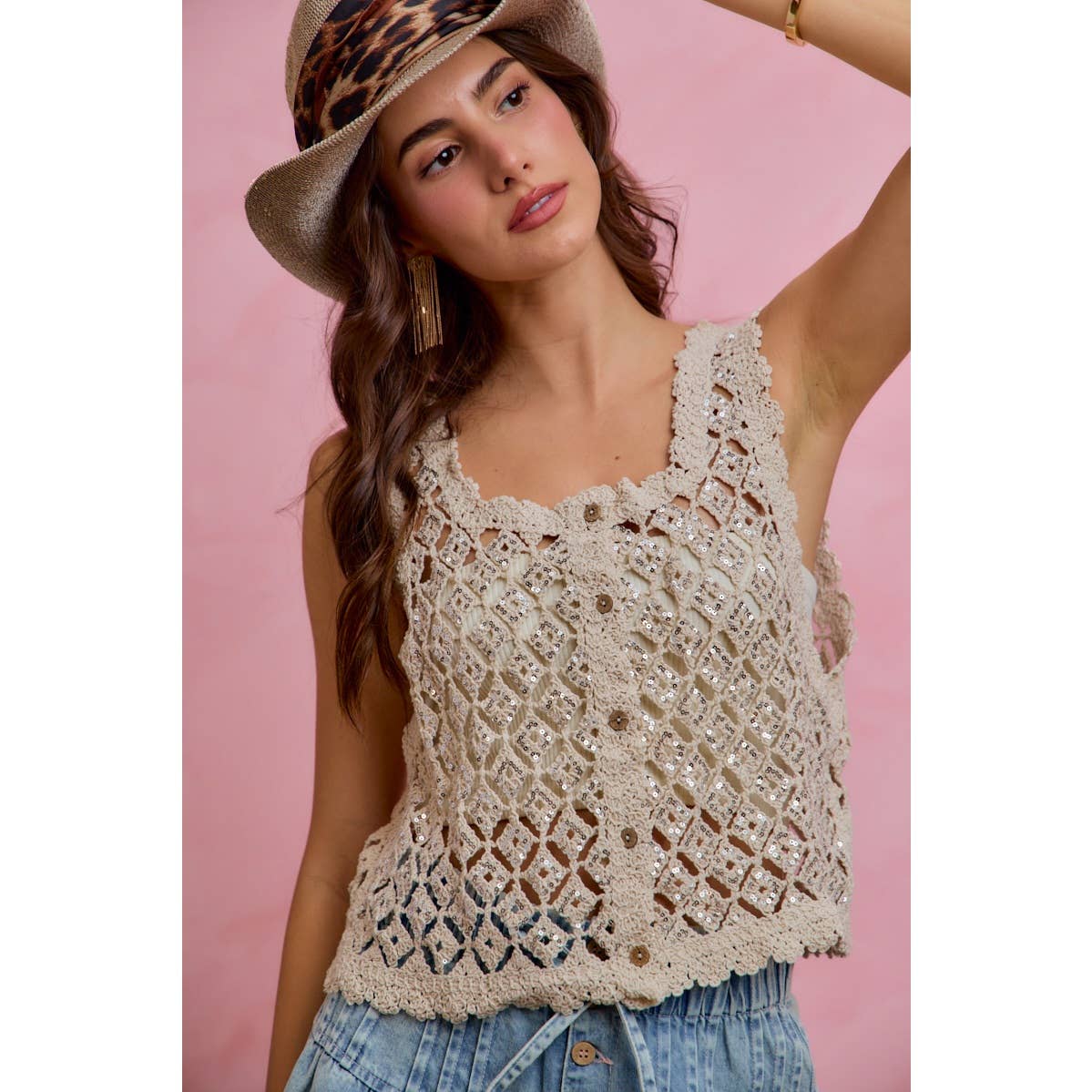 Graceful Crochet Sequin Vest