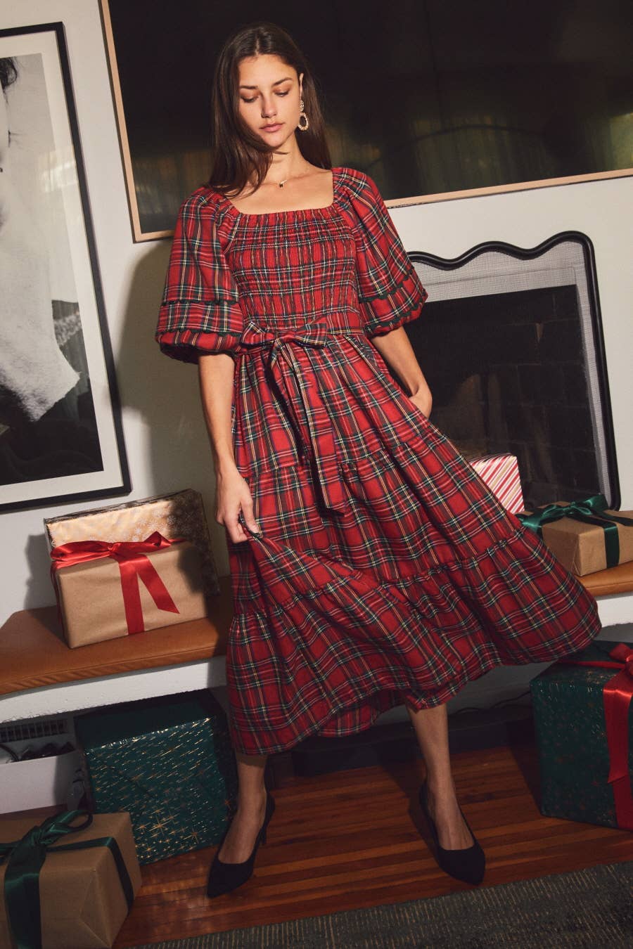 Smocked Plaid Midi Dress
