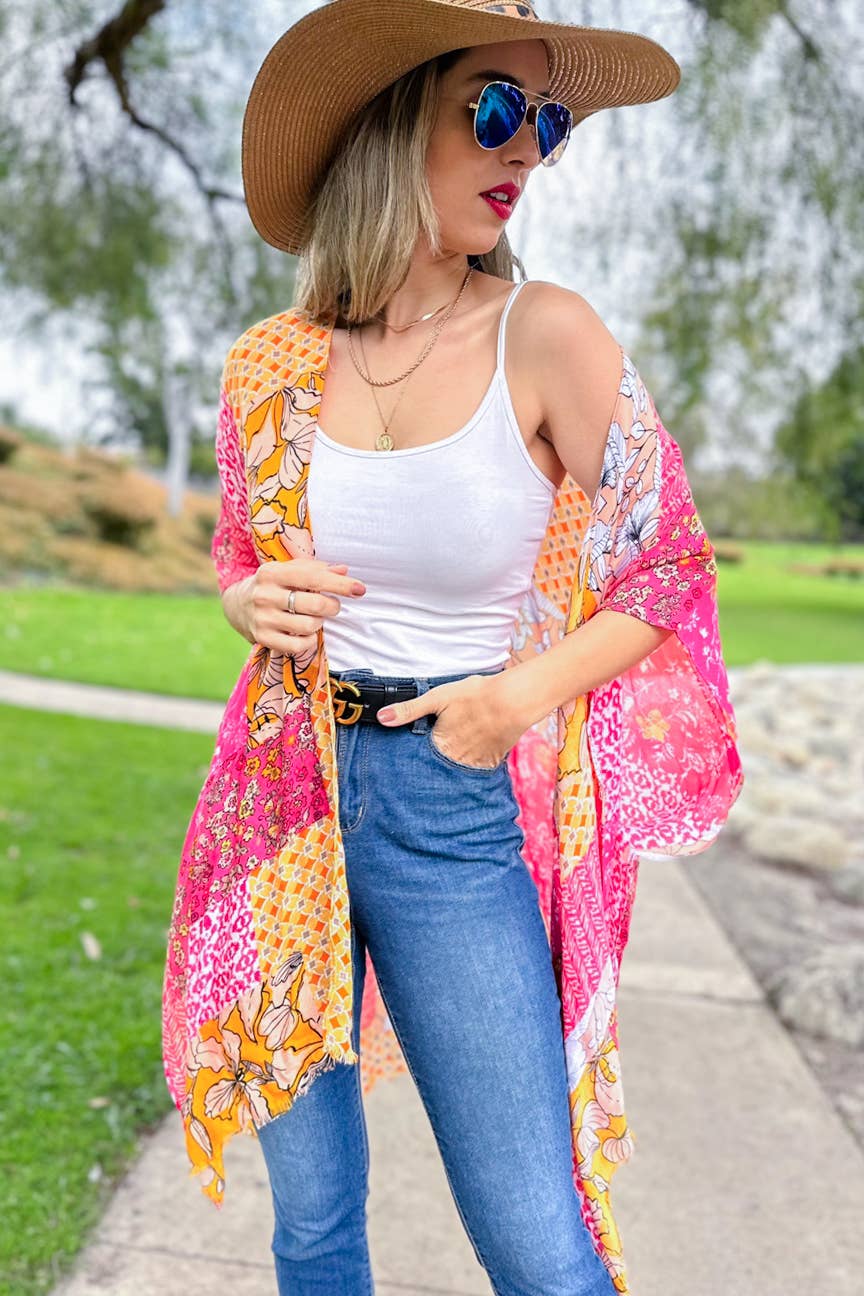Multi Patchwork Printed Kimono Cover Up
