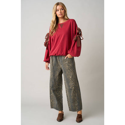 LEOPARD PRINT WASHED ELASTIC WAIST BARREL PANTS