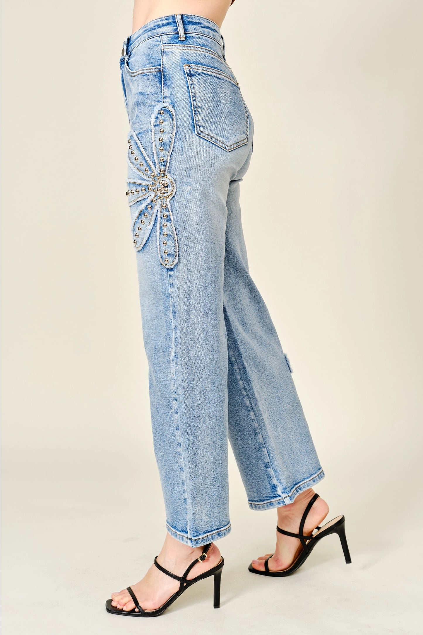 Studded Flower Patch Wide Leg Jeans