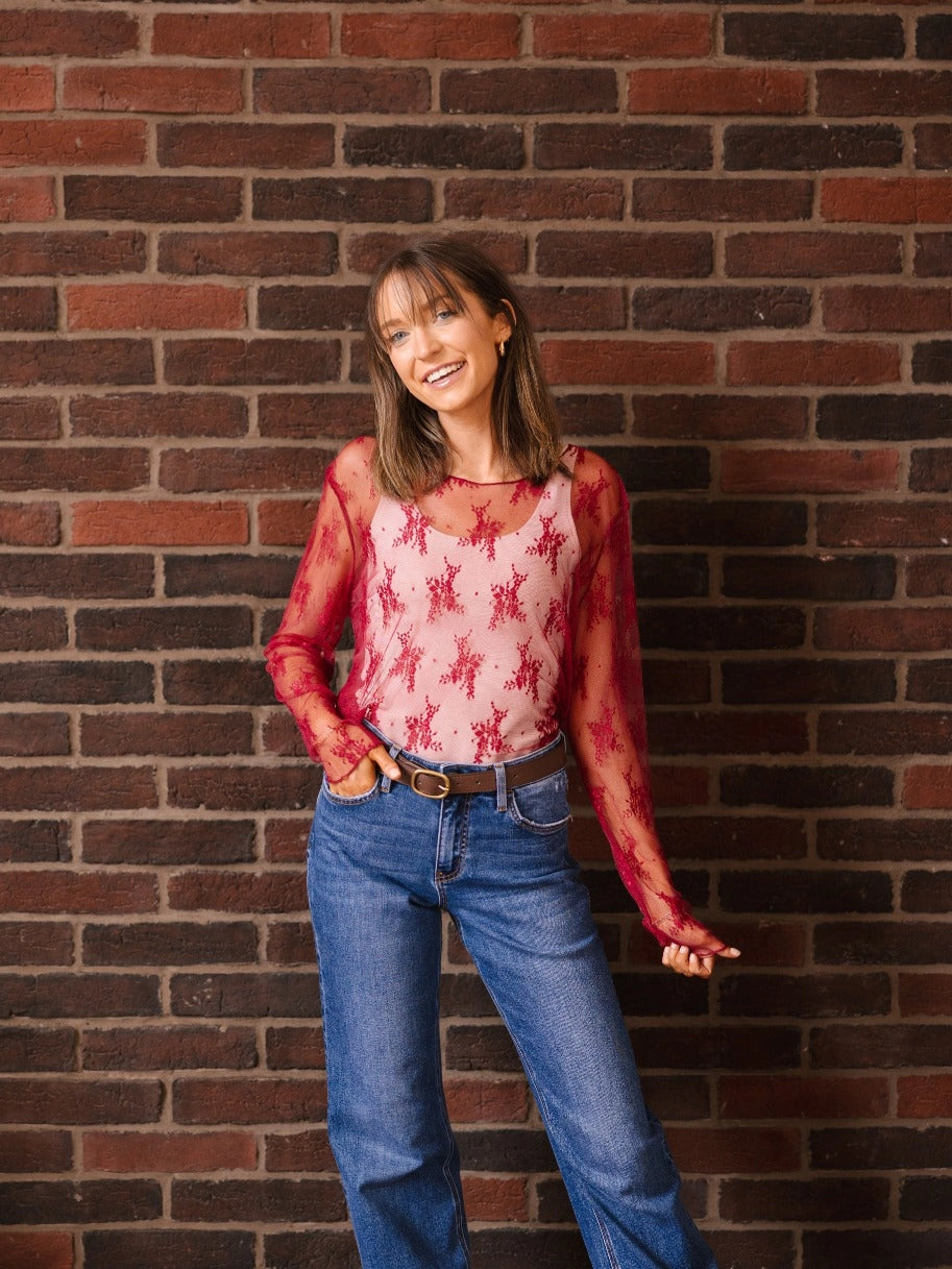 Lace Mesh Scoop Neck Top