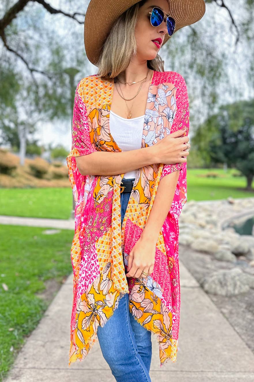 Multi Patchwork Printed Kimono Cover Up