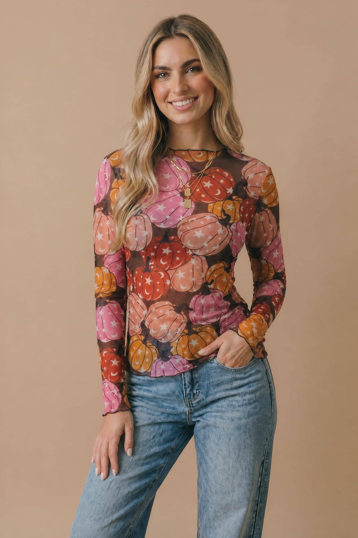 Star and Moon Pumpkin Mesh Top