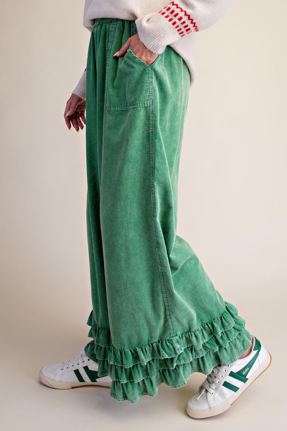 Green Green Grass Ruffly Corduroy Pants